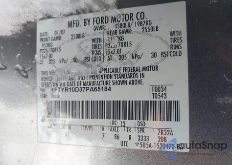 2007 Ford Ranger Stx/Xl/Xlt z USA, uszkodzony, nr VIN 1FTYR10D37PA65184
